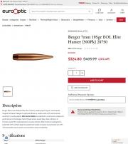 Berger 7mm 195gr EOL Elite Hunter 500Pk 28750